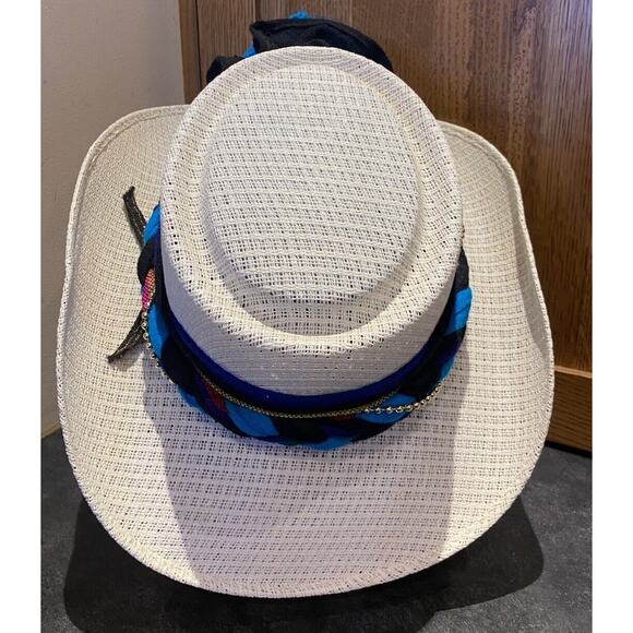 VTG Mexico Straw Fashion Cowboy Women’s Hat Turquoise Flower Black Band Fit 7 - Picture 6 of 10